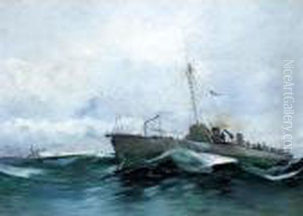 A French Battleship Oil Painting by Arvid Johansson