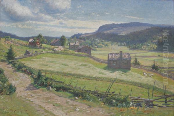 Landskap Med Byvag Oil Painting by Carl August Johansson