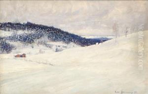 Vinterlandskap Med Fabodar Oil Painting by Carl August Johansson