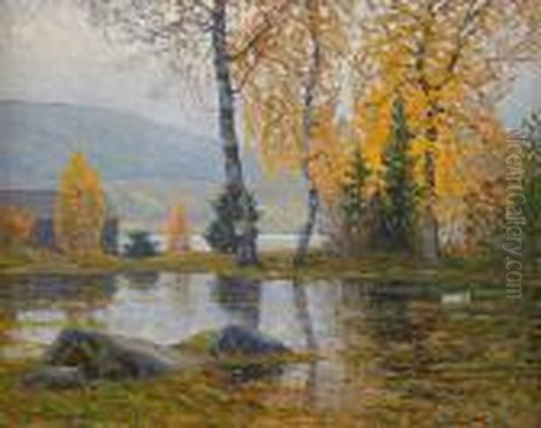 Sjolandskap Med Bjorkar I Hostfarger Oil Painting by Carl August Johansson