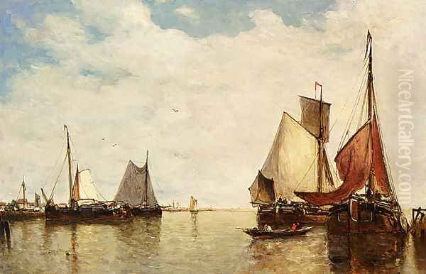 Moored Ships In A Small Harbour Oil Painting by Paul-Jean Clays