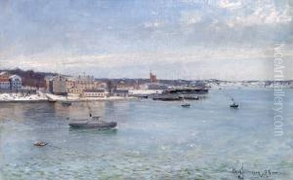 Vy Fran Slussen Mot Skeppsholmen Oil Painting by Carl August Johansson