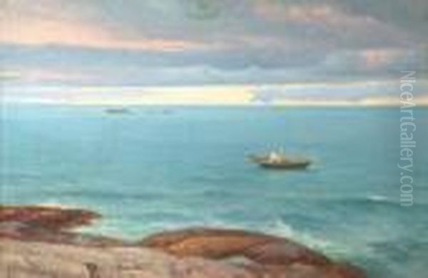 Mann I Pram Ved Havet Oil Painting by Hjalmar Johnsen