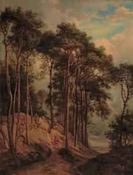 Figures In A Woodland Oil Painting by David Johnson