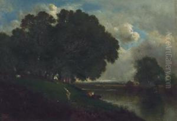 Cattle Resting Along A River Oil Painting by David Johnson