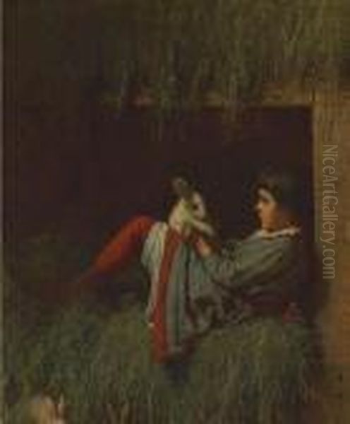 Child Playing With Rabbit Oil Painting by Eastman Johnson