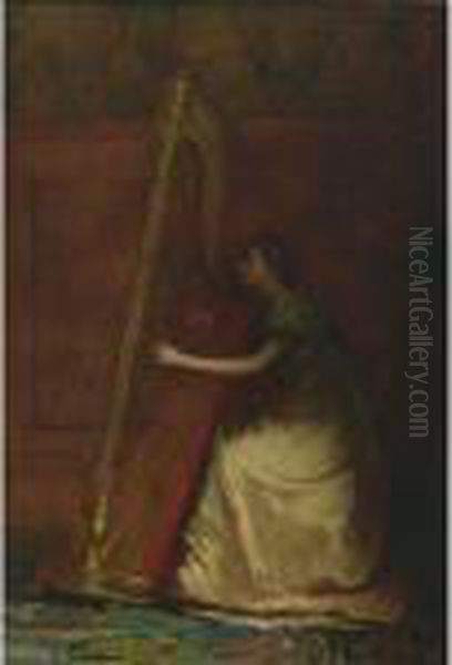 Woman Playing Harp Oil Painting by Eastman Johnson