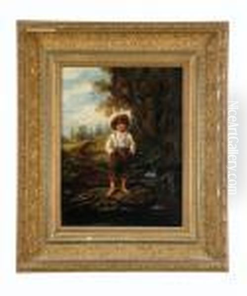 Young Boy Standing At A Creek With A Log Cabin In The Background Oil Painting by Eastman Johnson