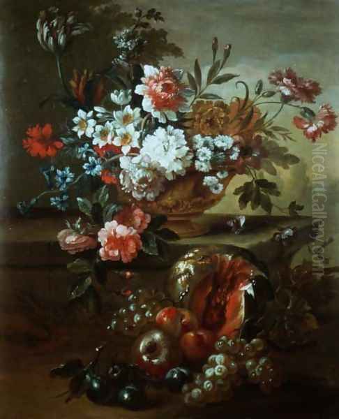 Still life of flowers in an urn with fruit Oil Painting by Pauwel Casteels