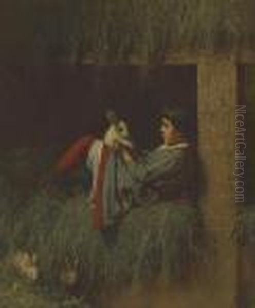 Child Playing With Rabbit Oil Painting by Eastman Johnson