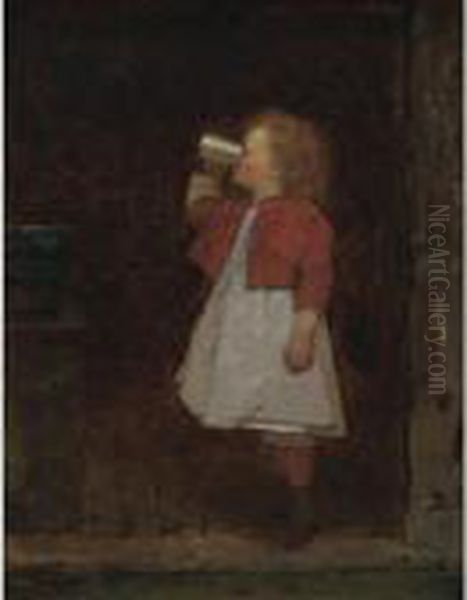 Little Girl With Red Jacket Drinking From Mug Oil Painting by Eastman Johnson