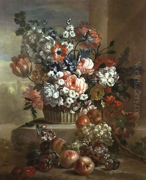 Still life of a basket of flowers and fruit Oil Painting by Pauwel Casteels