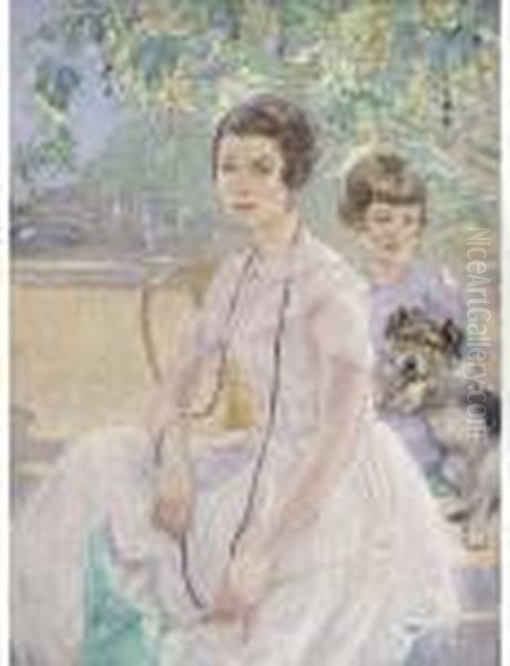 Portrait Of A Mother And Child, 
Seated Three-quarter-length, Insummer Dresses, With A Parasol And A 
Puppy Oil Painting by Ernest Borough Johnson