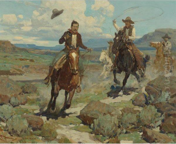 Pursuit Of A Cattle Thief Oil Painting by Frank Tenney Johnson