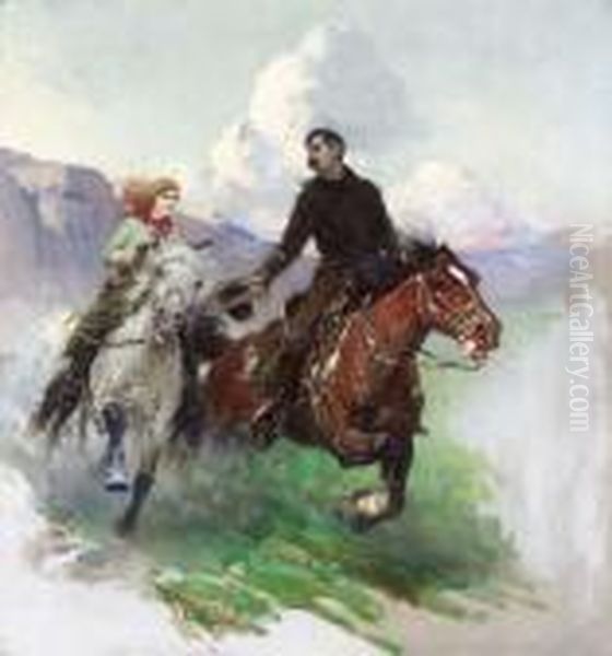 Riding Hard With Two Shooters Oil Painting by Frank Tenney Johnson