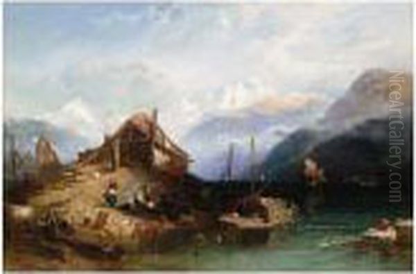 Lake Thun With Boats, A View Of The Alps Beyond Oil Painting by Harry John Johnson