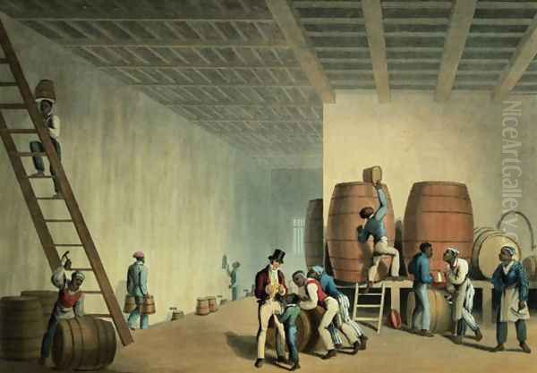 Inside the Distillery, Antigua, 1823 Oil Painting by William Clark