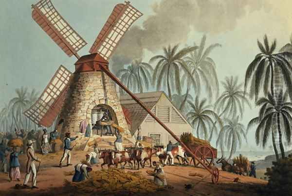 The Crusher Squeezes Juice from the Cane, Antigua, 1823 Oil Painting by William Clark