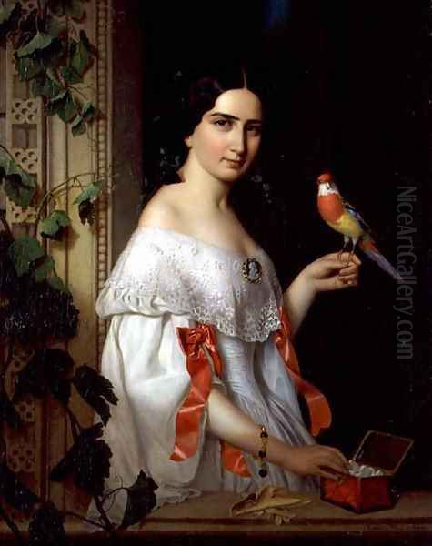 Portrait of a Lady with a Parakeet, 1856 Oil Painting by August (Agost Elek) Canzi