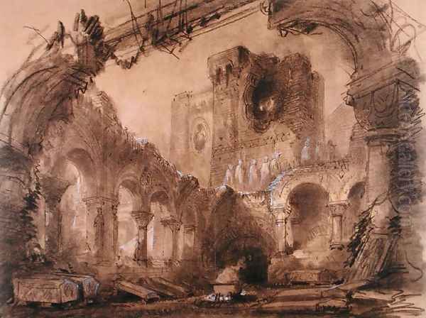 Ruins, scenery design for a performance of 'Macbeth' Oil Painting by Charles Antoine Cambon