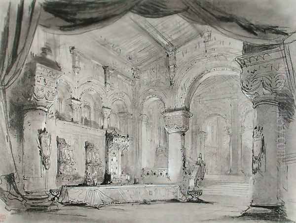 Set design of the palace interior for a performance of the opera 'Macbeth' Oil Painting by Charles Antoine Cambon