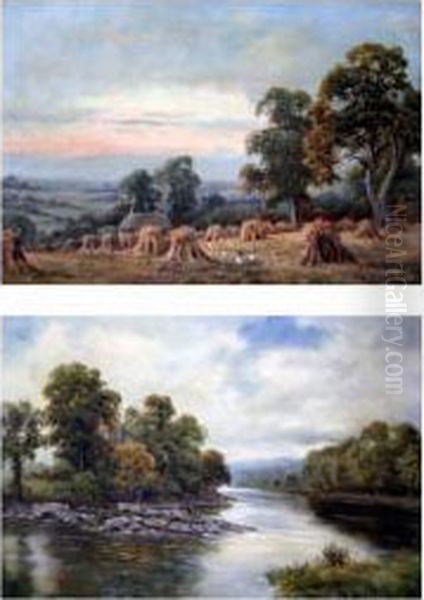 On The River Conway & Harvest Field Oil Painting by Sidney Yates Johnson