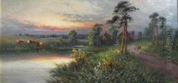 River Landscape With Cattle Watering At Sunset Oil Painting by Sidney Yates Johnson