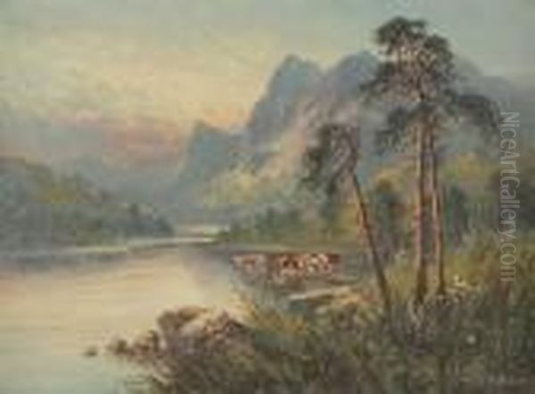 Cattle By The Loch Oil Painting by Sidney Yates Johnson