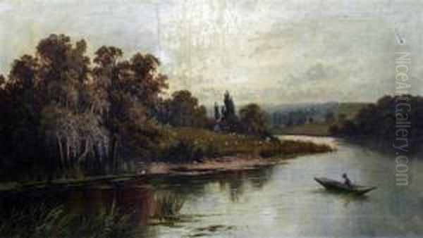 River Landscape With Angler And Punt Oil Painting by Sidney Yates Johnson