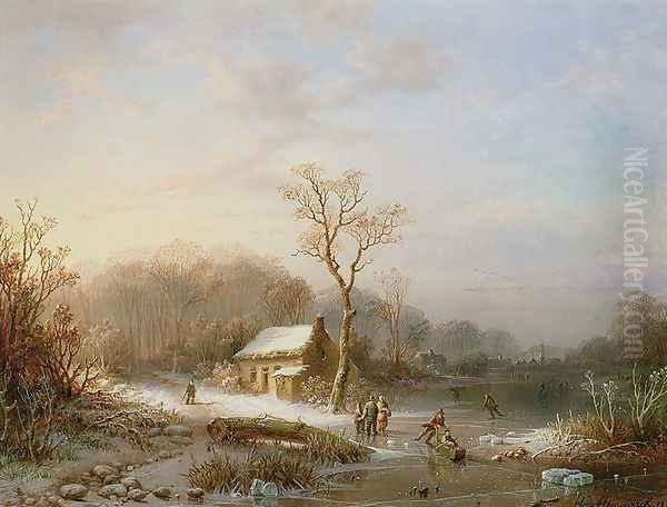 Skating scene Oil Painting by Henri Cleenewerck