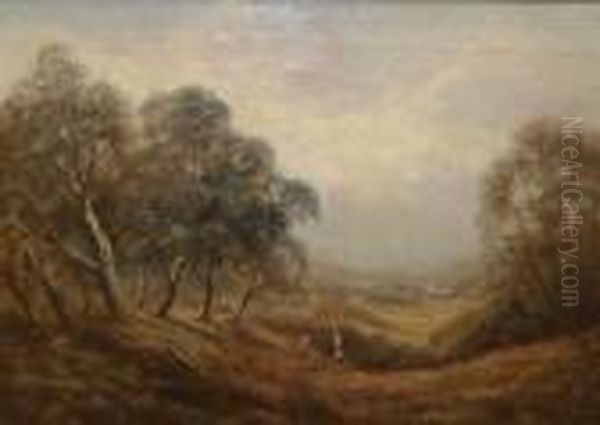 Figures Gathering Kindling In A Wooded Landscape Oil Painting by Sidney Yates Johnson