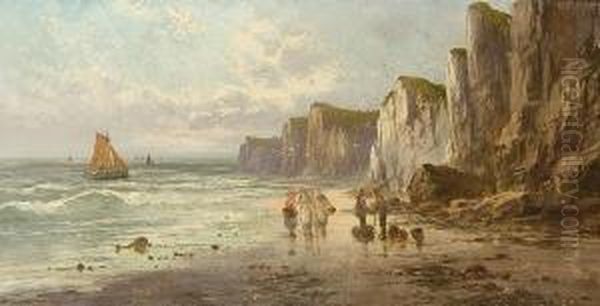 Figures And Boats In A Coastal Landscape Oil Painting by Sidney Yates Johnson