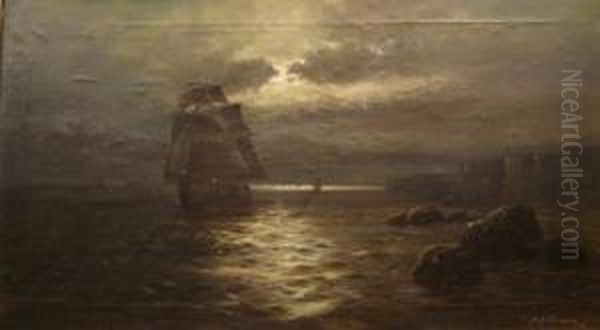 Moonlight, Sailing Ships Off Coast On A Cloudy Moonlightnight Oil Painting by Sidney Yates Johnson