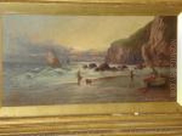 A Pair, A Coastal Scene With Fishermen On Abeach Below Cliffs And A Highland Riverscape Oil Painting by Sidney Yates Johnson