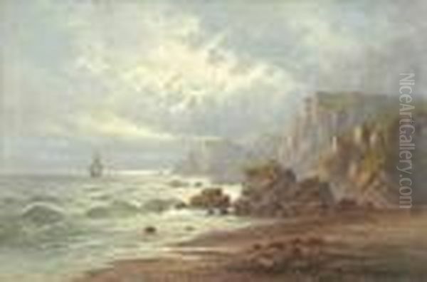 Fishingboats And Sailing Ships Off A Rocky Coastline Oil Painting by Sidney Yates Johnson