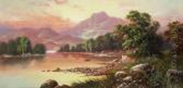 Boat On A Loch; Loch Scene At Dusk Oil Painting by Sidney Yates Johnson