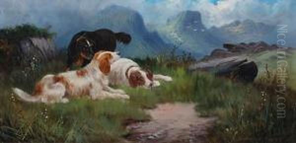 Setters By A Loch; Setters On A Hill-top Oil Painting by Sidney Yates Johnson