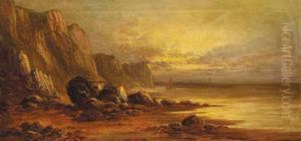 Coastal Cliffs With Boats Off-shore Oil Painting by Sidney Yates Johnson