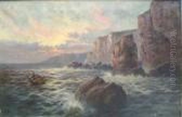 Boats Off The Coast In Heavy Seas Oil Painting by Sidney Yates Johnson