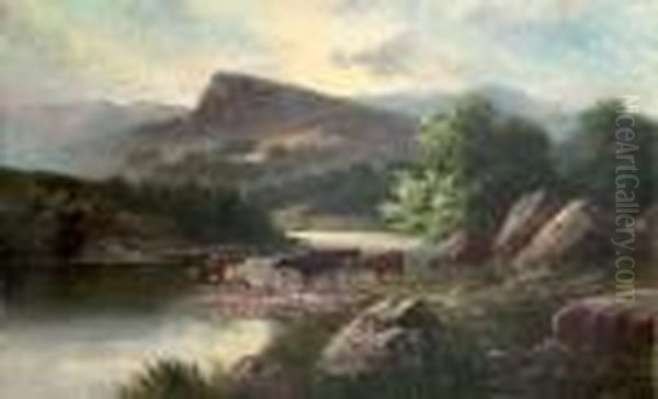 Cows Watering In A Mountainous River Landscape Oil Painting by Sidney Yates Johnson