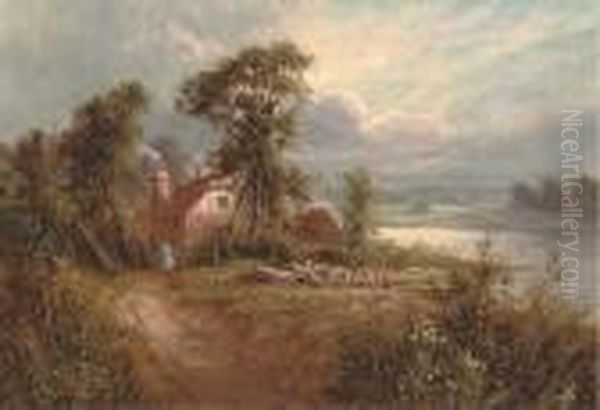 A Figure Outside A Country Cottage Beside A River Oil Painting by Sidney Yates Johnson