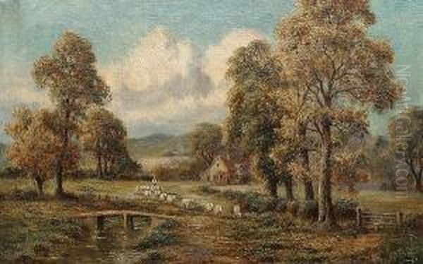 A Shepherd And His Flock On A 
Country Path; A River Landscape With A Figure Fishing In The Foreground Oil Painting by Sidney Yates Johnson