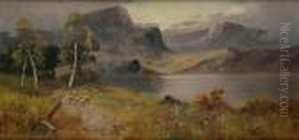 Highland Landscape With Sheep By A Loch Oil Painting by Sidney Yates Johnson