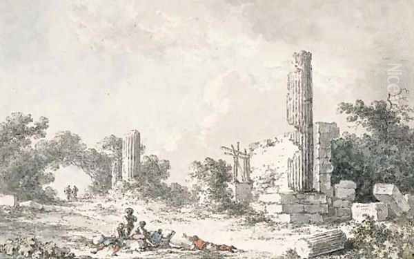 The ruins of the Temple of Castor and Pollux, Agrigento, with artists sketching Oil Painting by Claude Louis Chatelet