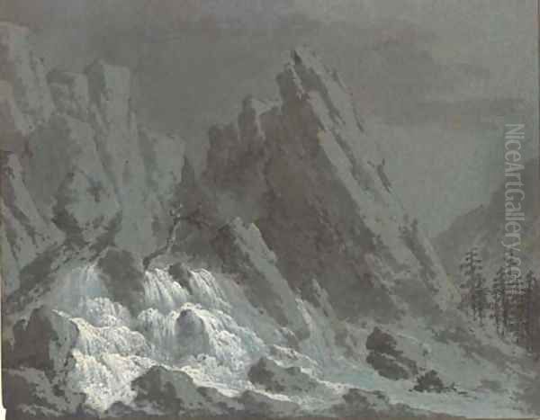 An alpine waterfall Oil Painting by Claude Louis Chatelet