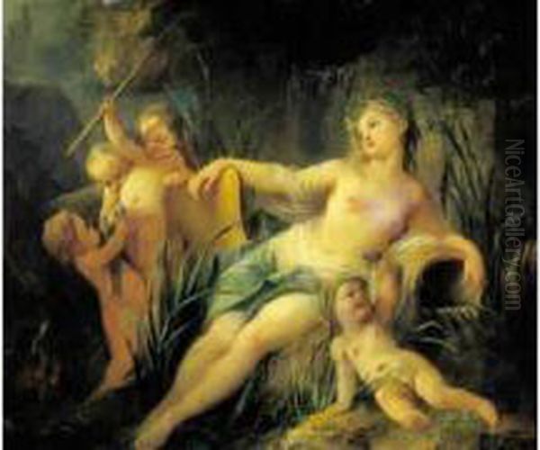 Naiade Et Putti. Oil Painting by Nicolas Rene Jollain