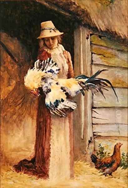 A Woman holding a Cockerel Oil Painting by George Carline