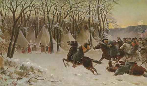 Custer Attacking an Indian Village Oil Painting by William de la Montagne Cary