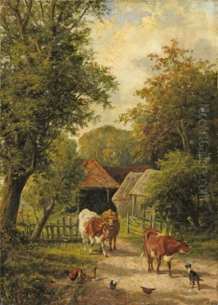 Kuhe, Huhner Und Ein Hundvor Einem Stall Oil Painting by Charles Jones