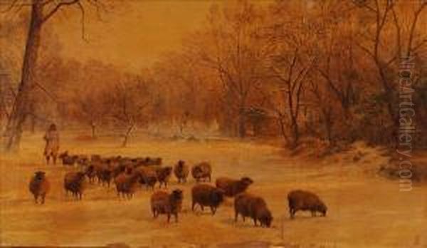 Sheep And Shepherdin A Snowy Winter Landscape Oil Painting by Charles Jones